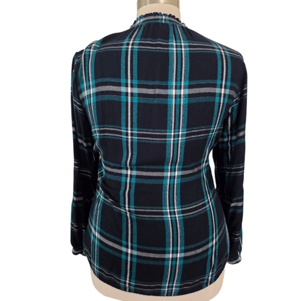 Lane Bryant Teal Navy Plaid Metallic Split Neck Blouse Top Womens 16 - Picture 5 of 8
